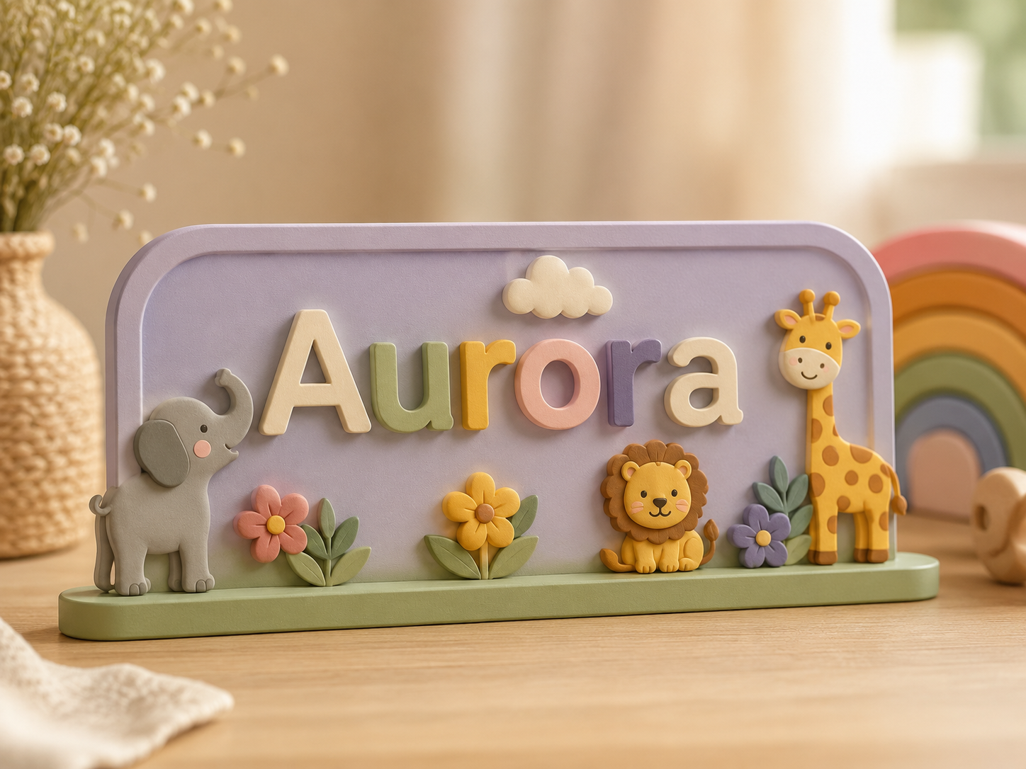 Prancha infantil personalizada com nome Aurora e animais em tons pastel